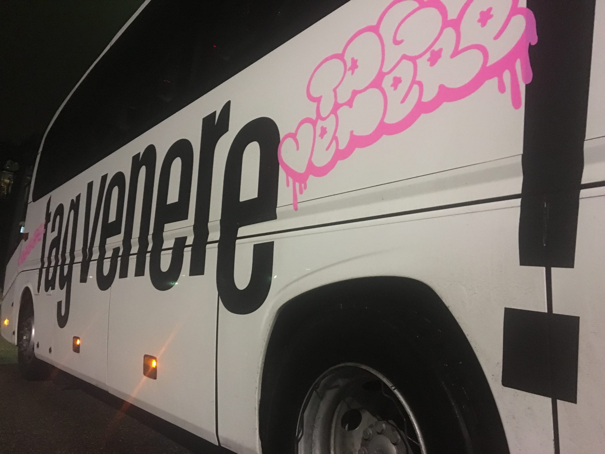 TAG VENERE - Another anagram of Art Genève, printed on the XL special shuttle performative liner - bus driving from Gare Routière to Palexpo every evening