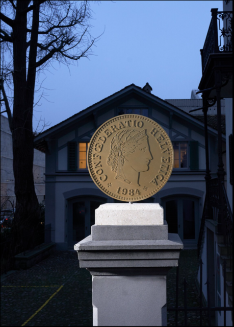 LIBERTAS LIBERTAS – Elena Montesinos - Two large tossing coins installed on Pro Helvetia's headquarters portal in Zurich